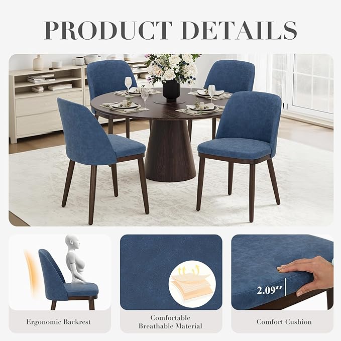 COLAMY Upholstered Dining Chairs Set of 4, Modern Kitchen Chairs with Back, Leather Side Dining Room Chairs with Wood Legs for Kitchen Dining Room Restaurant,Blue