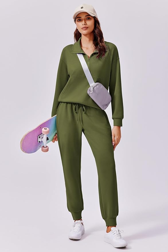 PINSPARK 2 Piece Sets for Women 2025 Fall Travel Outfits Long Sleeve Tracksuit Joggers Sets Half Zip Sweatsuit Matching Set