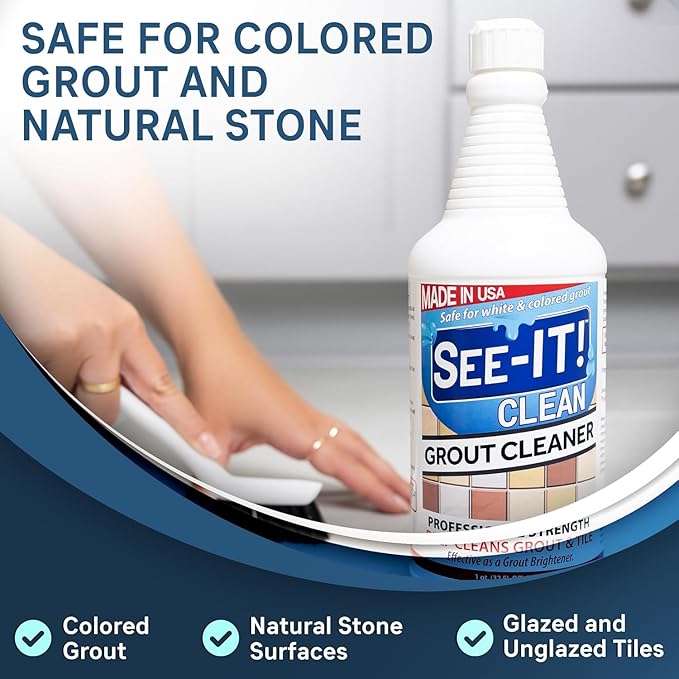 Grout & Tile Deep Cleaner Brightener & Heavy-Duty Stain Remover Acid-Free Safe for Ceramic, Porcelain, Marble, Stone - 32 fl. oz. with Hand Cleaning Brush