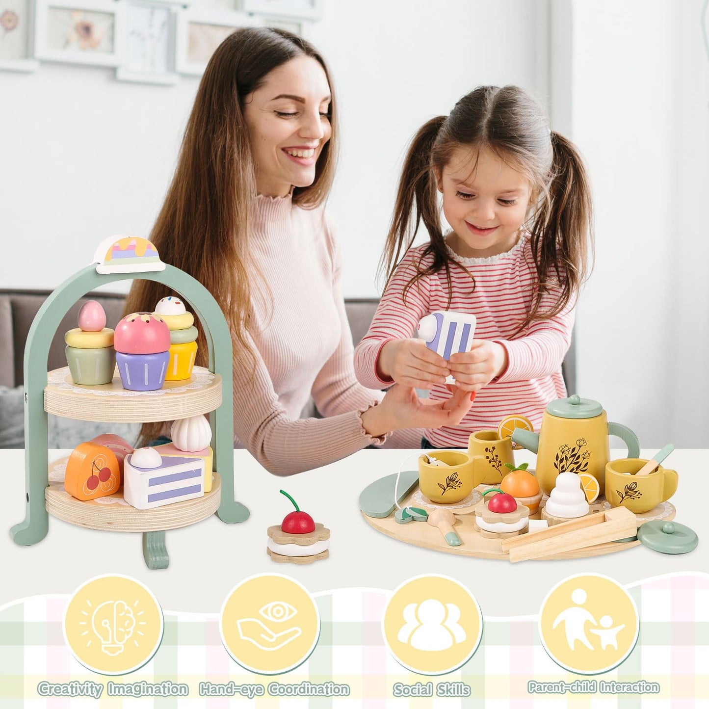 Wooden Tea Party Set for Little Girls, Toddler Tea Set with Cupcake Stand & Food Dessert, Pretend Play Food Kitchen Accessories for Kids Girls Age 2 3 4 5 6 Birthday Gift Wood Educational Toys