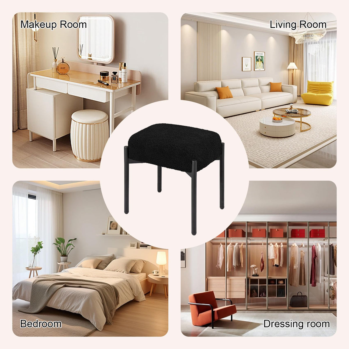 MOOWIND Vanity Stool Chair Faux Fur, 16.3"L x 12.8"W x 17.3"H Soft Ottoman, Makeup Chair Bench Furry Padded Seat with 4 Metal Legs, Footstool Multifunctional Chairs for Bedroom, Living Room, Black