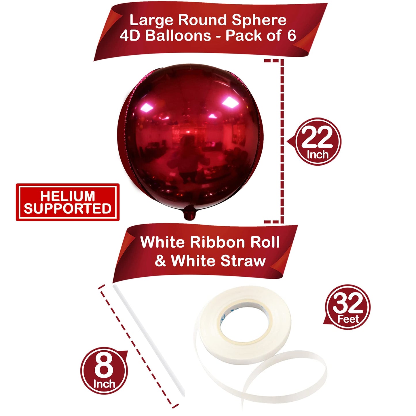 KatchOn, Huge Metallic Red Balloons - 22 Inch, Pack of 6 | Round 4D Mylar Balloon for Red Party Decorations | Burgandy Balloons for Birthday, Anniversary, Bachelorette, Vampire Party Decorations