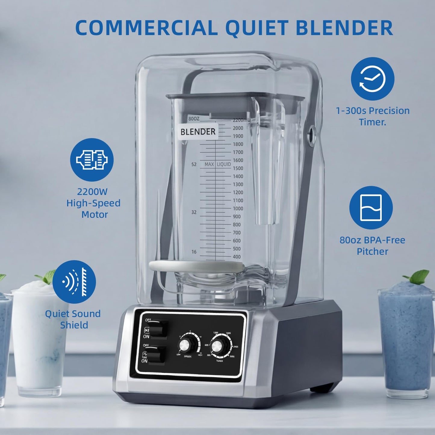 BLEOU Commercial Quiet Shield Blender, 2200W Professional Smoothie Blender with Timer & 15-Speed Control, 80oz/2.2L BPA-Free Pitcher for Cafes, Bars and Home Use