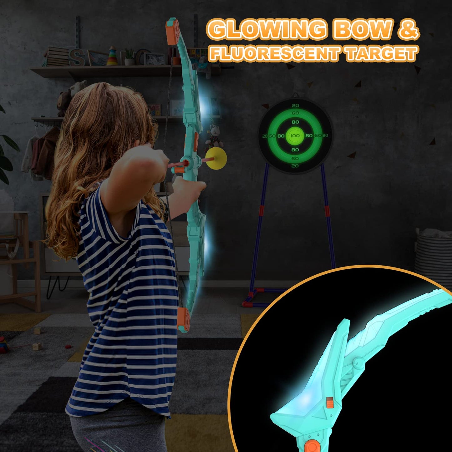 Kmuxilal 2 Pack Kids Bow and Arrow Set with LED Flash Lights, 14 Suction Cup Arrows and Fluorescence Standing Target-Perfect Indoor and Outdoor Game Archery Set Toy Gift for 4 5 6 7 8-12 Year Old Boys
