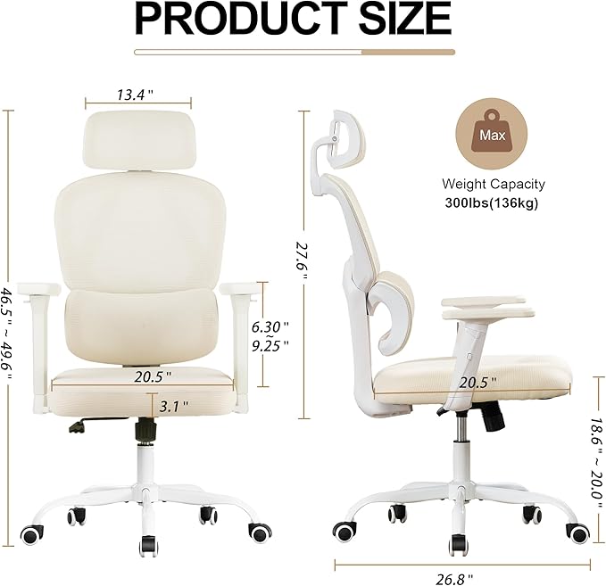 BOWTHY Ergonomic Office Chair,Home Mesh Office Desk Chairs,High Back Office Chair 330 LBS,Swivel Computer Chair with 2D Armrest,Adjustable Headrest,Lumbar Support,Rocking Function (Beige)