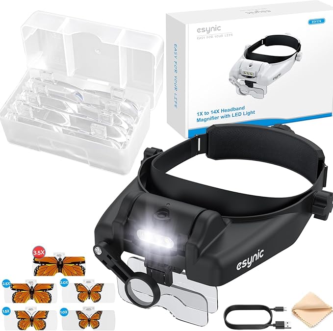 eSynic Type-C Rechargeable Magnifying Glasses Headset-Up to 14X Magnification-5 Interchangeable Lens-3 LED Lights -2 Adjus...