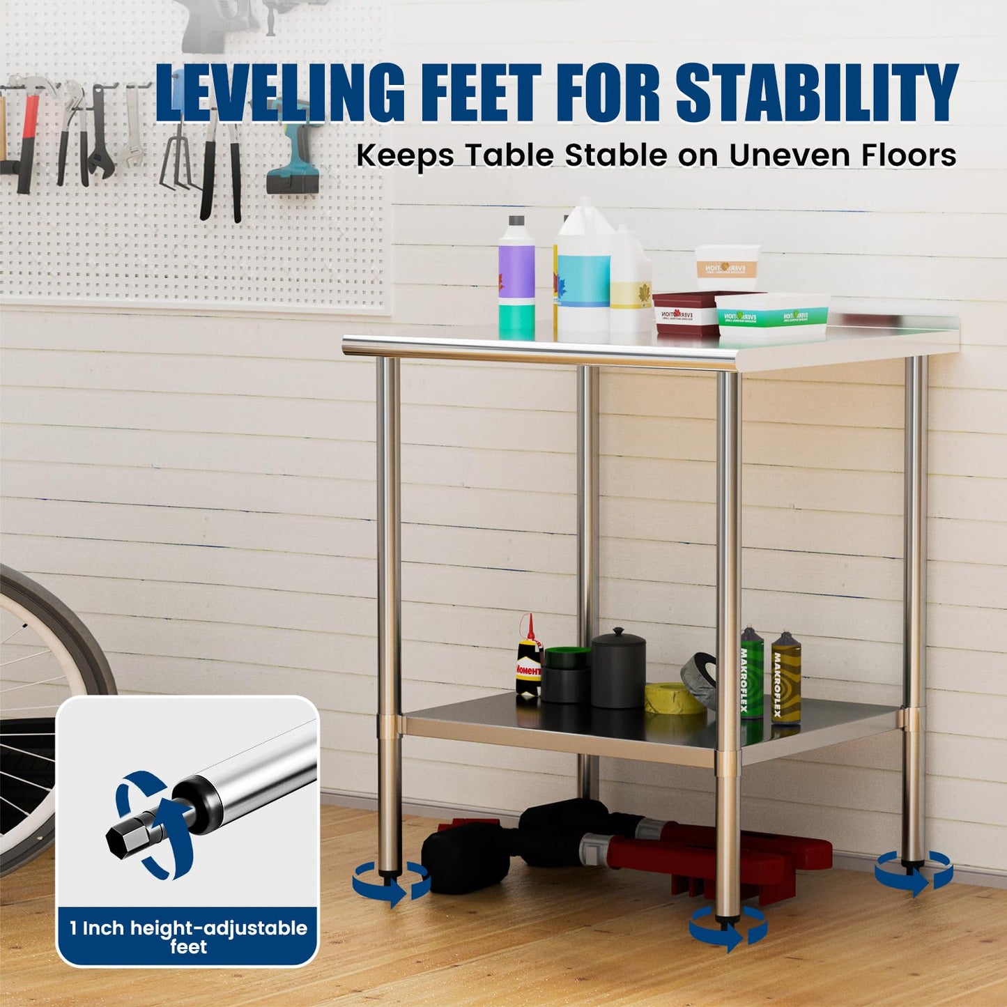 Chingoo Stainless Steel Work Table 30x30 Inch with Adjustable Undershelf & Backsplash, Heavy-Duty Prep Table for Commercial Kitchen, Restaurant, Garage, Outdoor