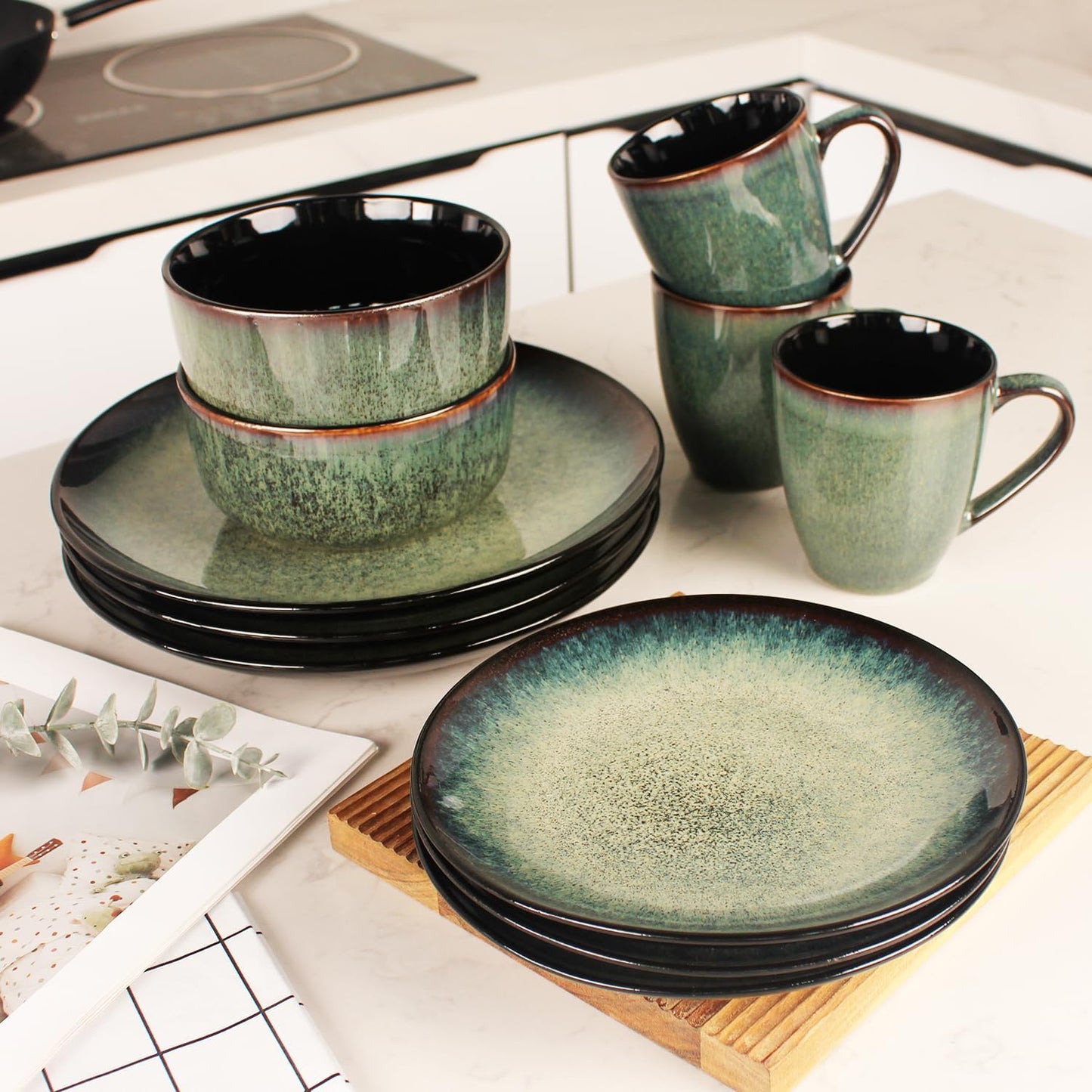 Dinnerware Sets(16Pcs) Serves for 4, Reactive Glaze Plates and Bowls Set with Mug,7.9"Small Plate,10.6"dinner Plate,5.5"bowl, Modern kitchen tableware,Microwave safe, Set No.3