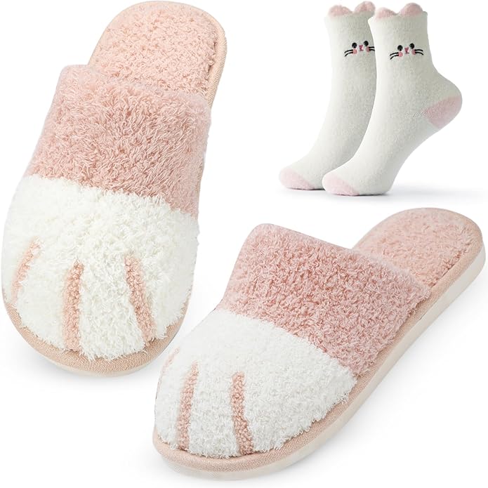 GOEWY 2 Pairs Cat Paw Slippers and Fuzzy Cute Socks Gift Set for Women House Slippers with Memory Foam Warm Cozy Socks