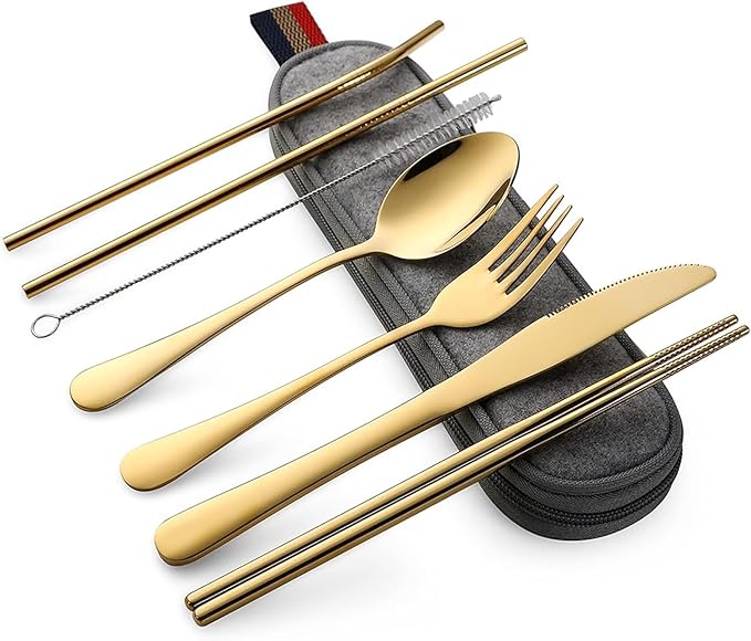 Stainless Steel Silverware Set, 7-Piece Travel Essentials with Carrying Case, Portable Cutlery for Adults, Reusable Utensi...