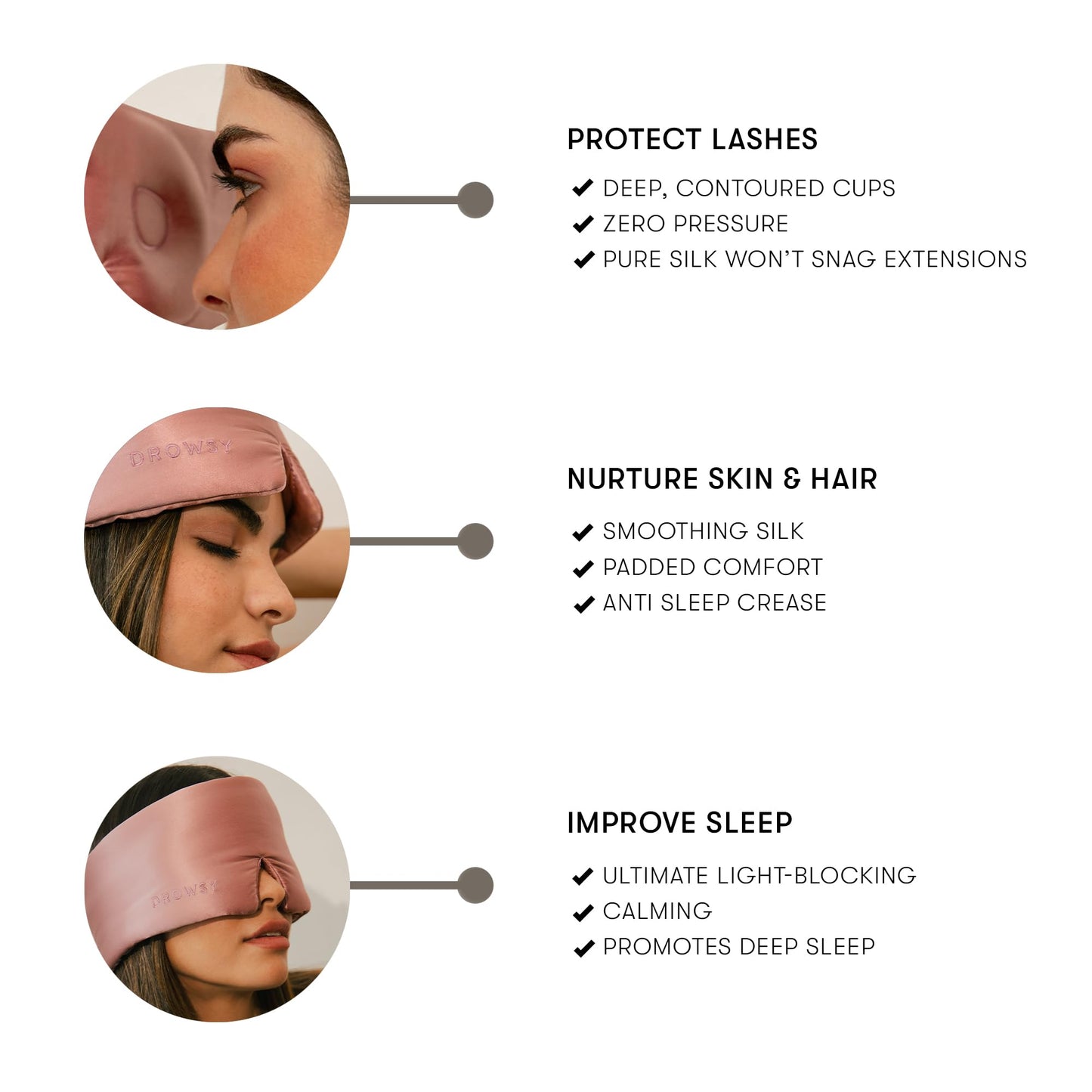 DROWSY Eyelash Protecting Silk Sleep Mask for Natural Lashes & Extensions. Deep Eye Cups, Zero Pressure, Total Blackout, Full Wraparound (Damask Rose)