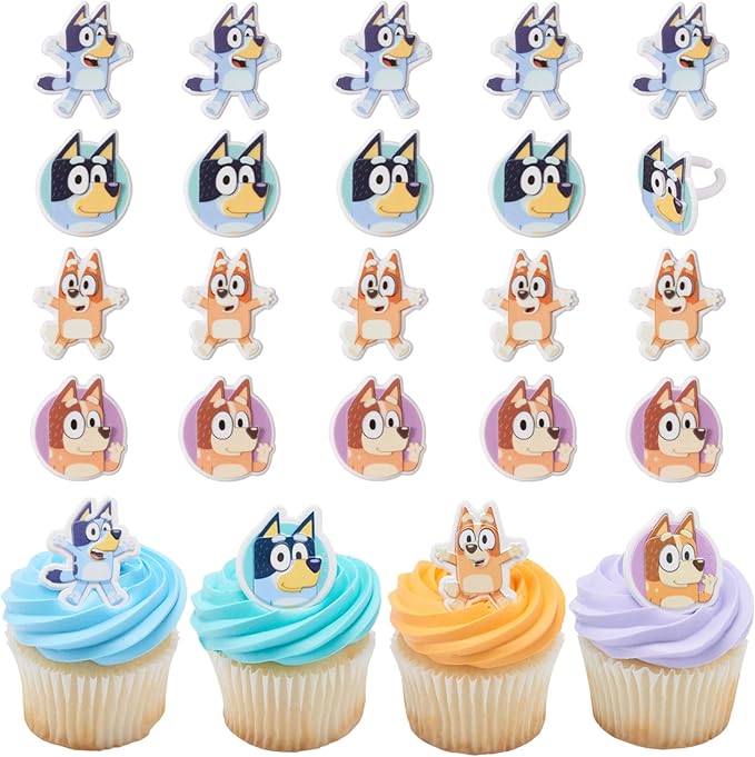 DecoPac Bluey So Much Fun Rings, 24 Cupcake Decorations Featuring Bluey, Bingo, Bandit, and Chilli, 3D Food Safe Cake Topp...