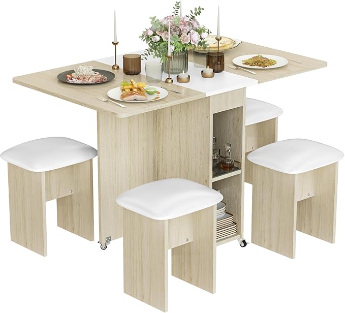 Lamerge Folding Dining Table Set for 4, Dinner Table with 4 Leather Chairs and Shelves, Space Saving Foldable Dining Table...