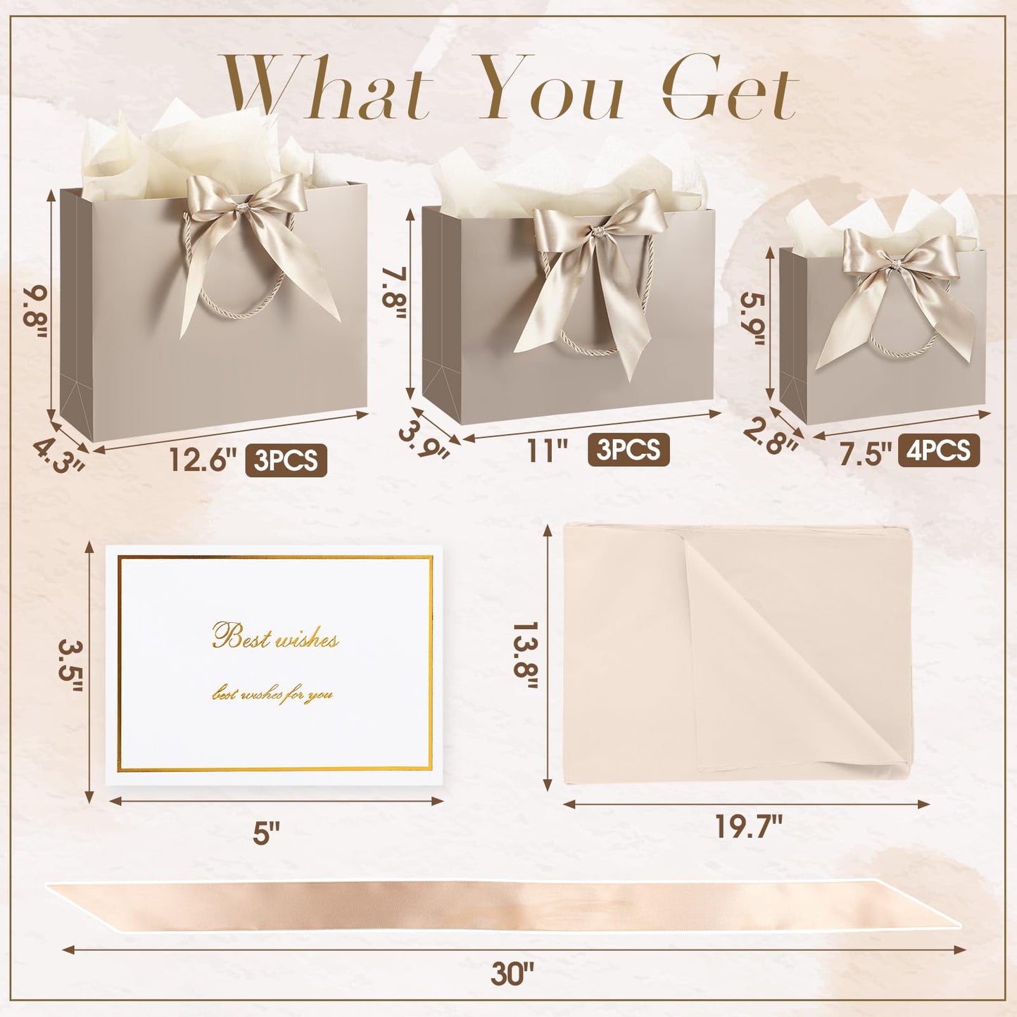 Maitys 10 Set Paper Gift Bags Assorted Sizes with Ribbon, Greeting Card Tissue Paper (3 Large 12.6", 3 Medium 11", 4 Small 7.5") Luxury Gift Bags for Anniversary Presents Wedding Bridesmaid Birthday
