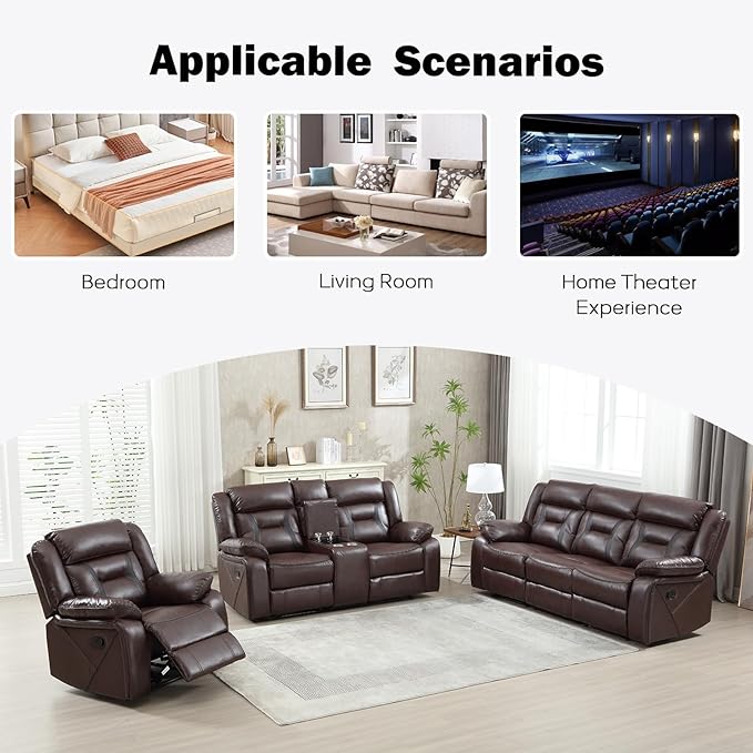 EBELLO Faux Leather Recliner Sofa Furniture Set for Living Room, Recliner Chair, Manual Loveseat, 3 Seat Recliniing Sofa Couch Set for Meeting Room, Dark Brown