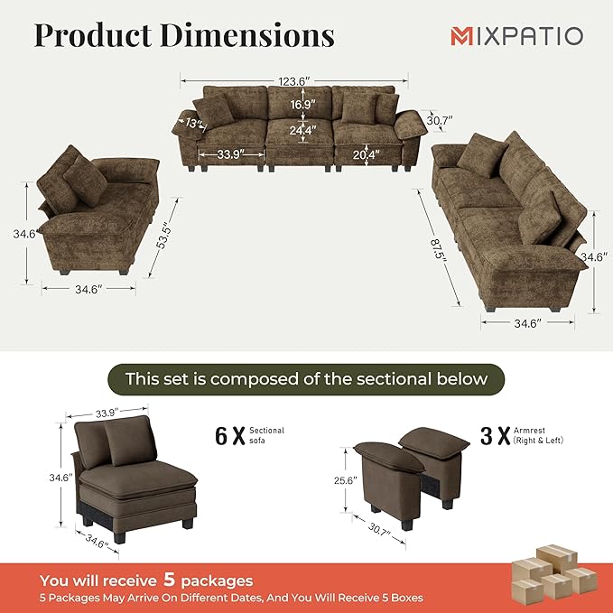 MIXPATIO U-Shaped Cloud Modular Sofa Set, Deep Seat 3-Piece 6-Seater Sectional Couch & Removable Arms, Plush Chenille for Living Room - Taupe
