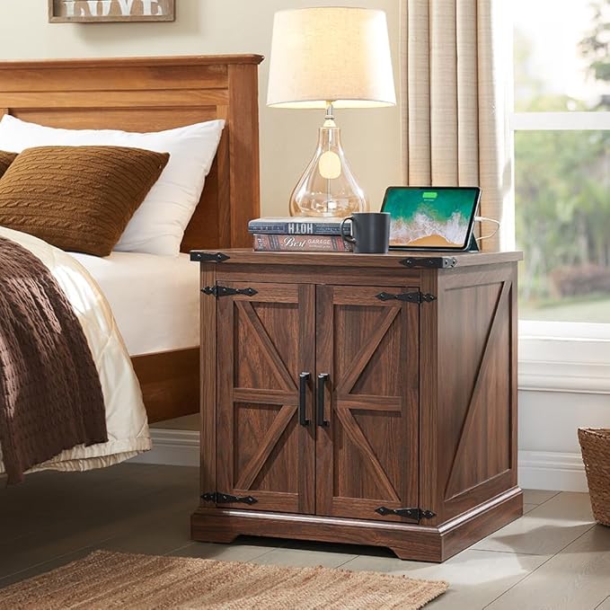 Barnyatoh Farmhouse End Table with Charging Station,Large Side Table with Barn Door, Rustic Wood Square Nightstand Bedside Table with Adjustable Storage Shelf for Living Room, Bedroom,Walnut 2-Pack