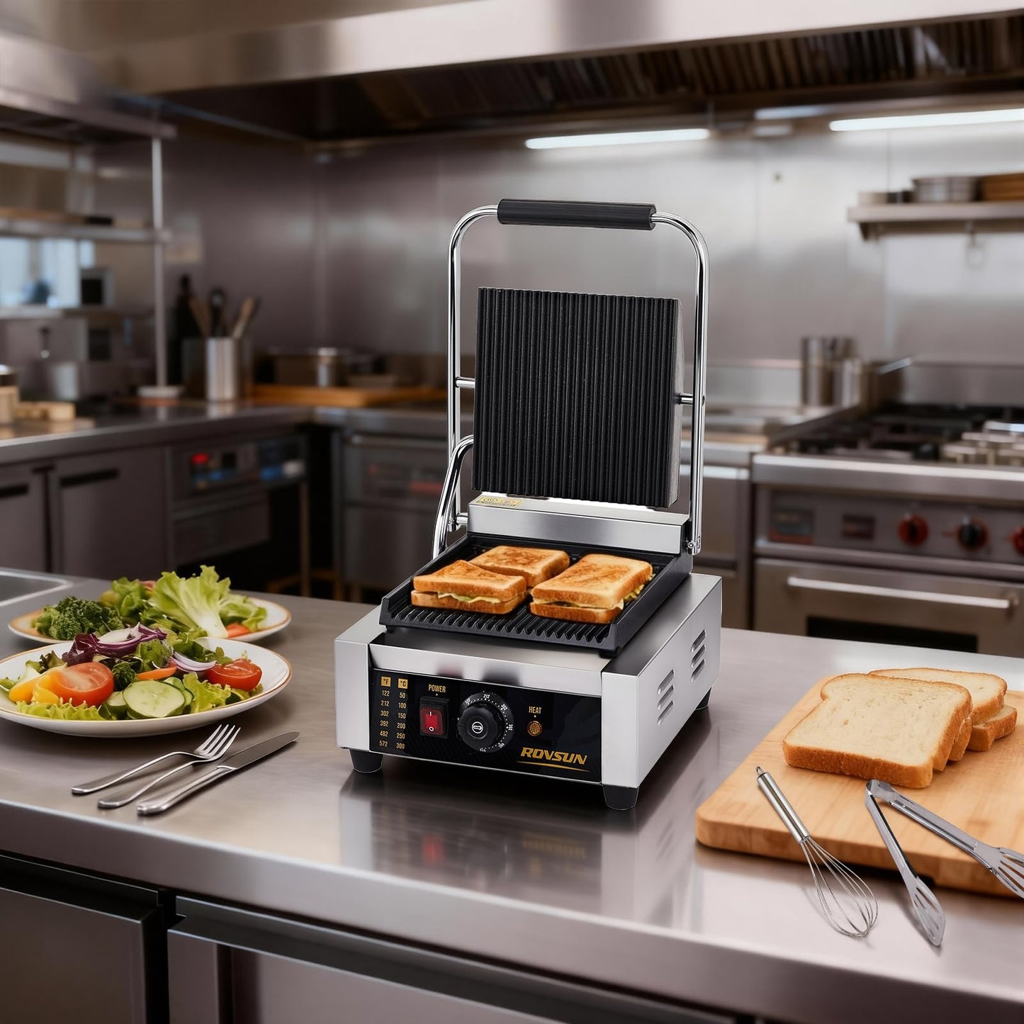 ROVSUN 811 Commercial Panini Press Grill, 1800W Stainless Steel Electric Countertop Sandwich Maker with Adjustable Temp 122°F–572°F, For Steak, Burgers, Home & Restaurant Use, 110V, Silver