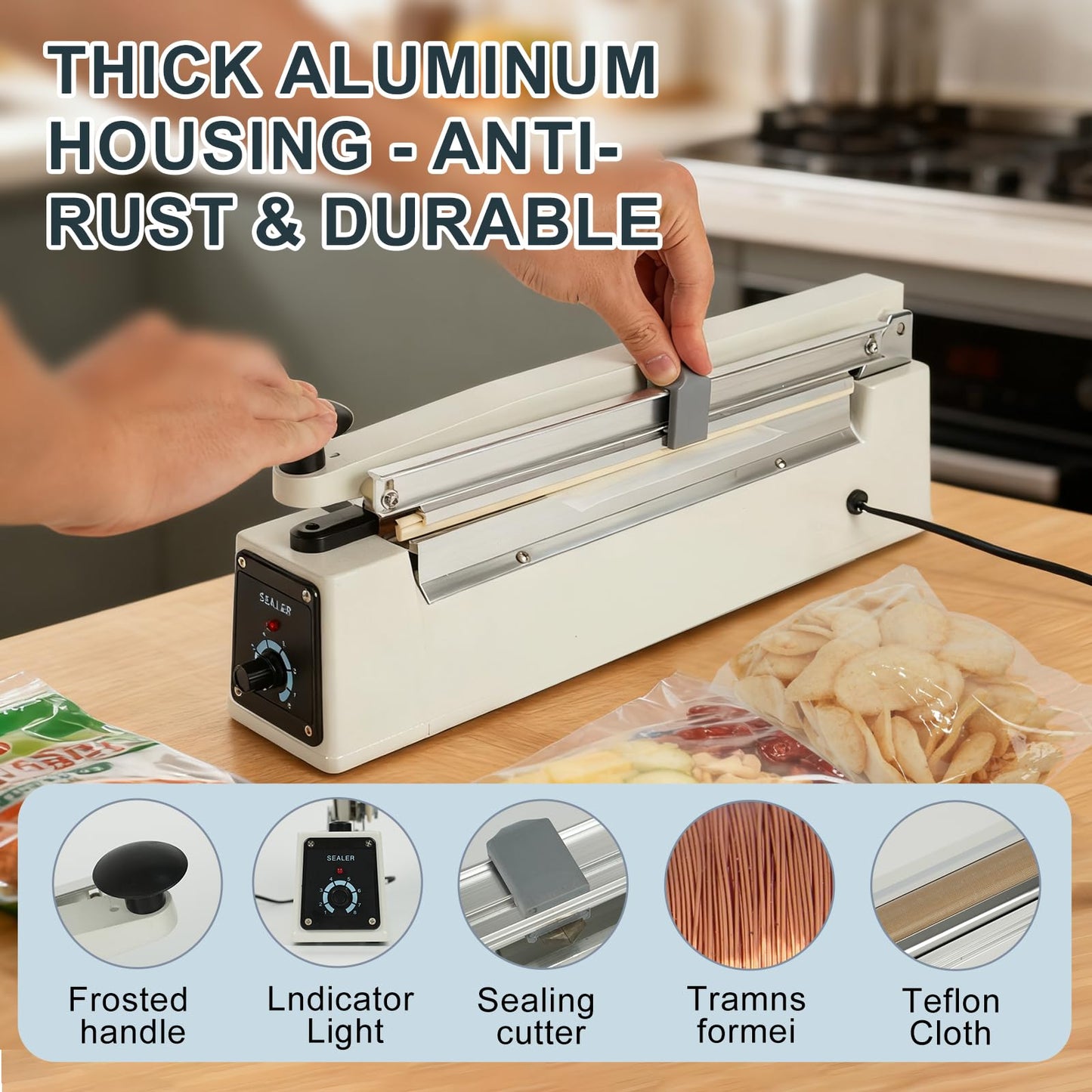 R-PACK Impulse Heat Sealer with Sealing Bar: Heavy-Duty Bag Sealer with Extra Cutting Blade (White, 16-Inch)