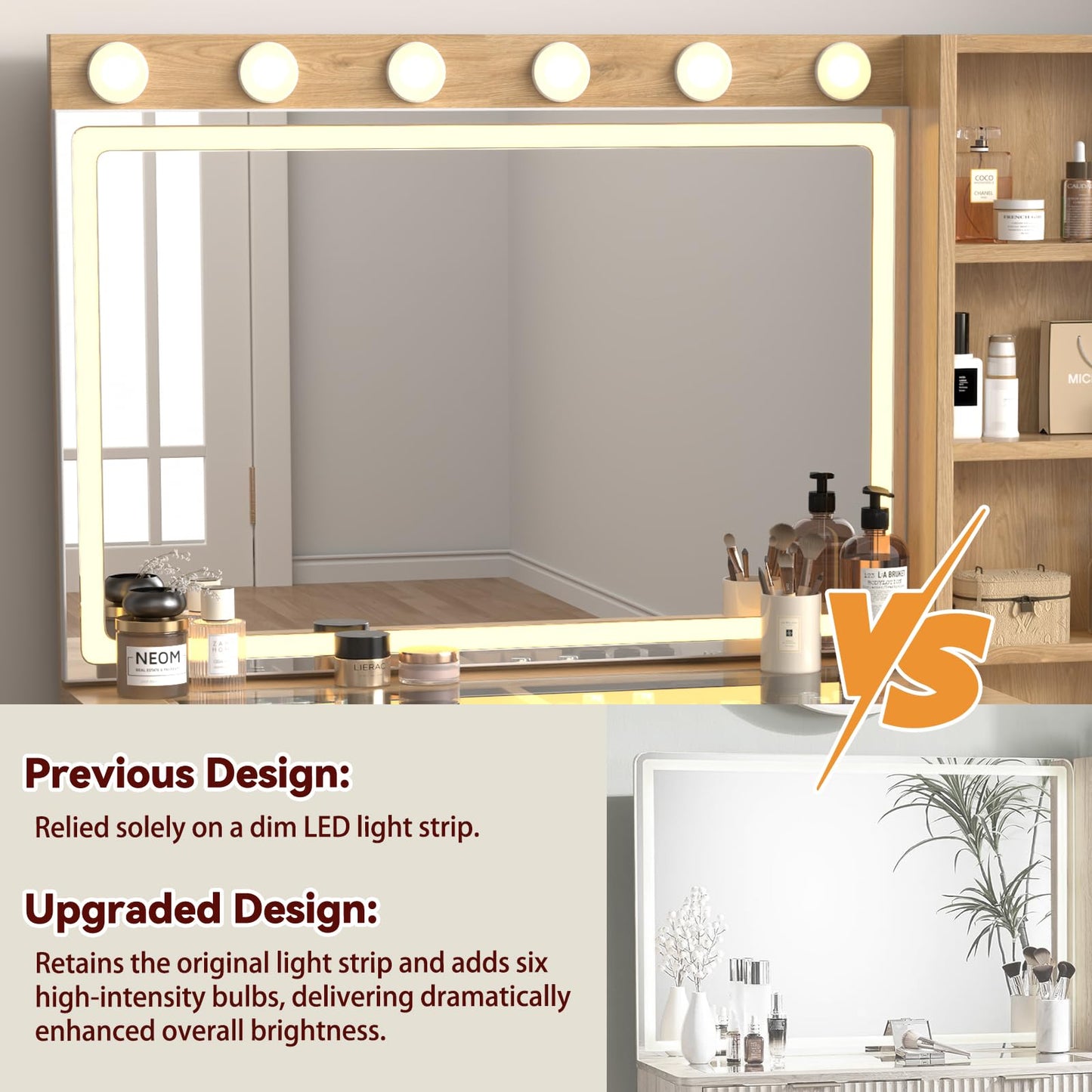 SFDOU 43" Fluted Makeup Vanity Desk with 32" Mirror and Lights, Modern Glass Top Large Vanity Table with 5 Drawers and 3 Storage Shelves, Dressing Table Set with Charging Station for Bedroom-Gray