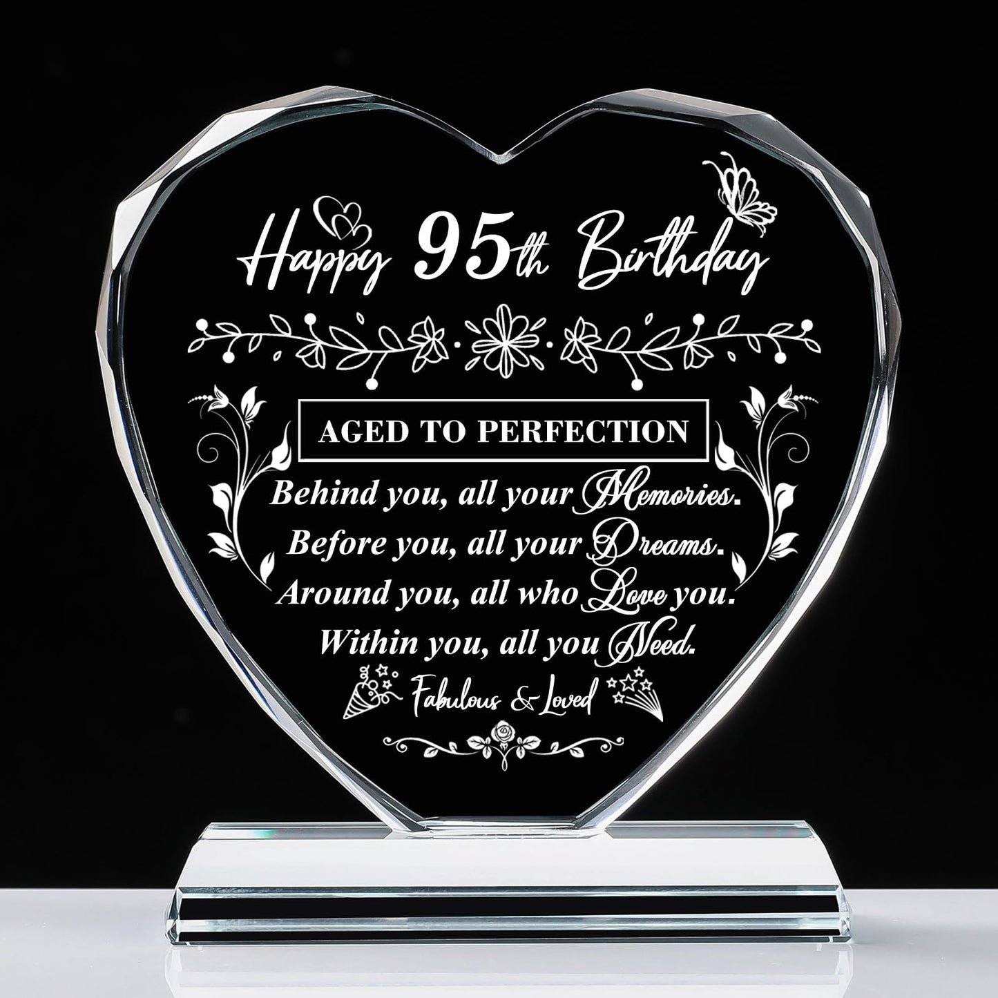 QIANRUNA 95th Birthday Gifts for Women Men, Laser Glass Heart 95th Birthday Decorations Ideas, Happy Birthday Gifts for 95 Year Old Parents Grandparents Husband Wife Mom Dad Friend