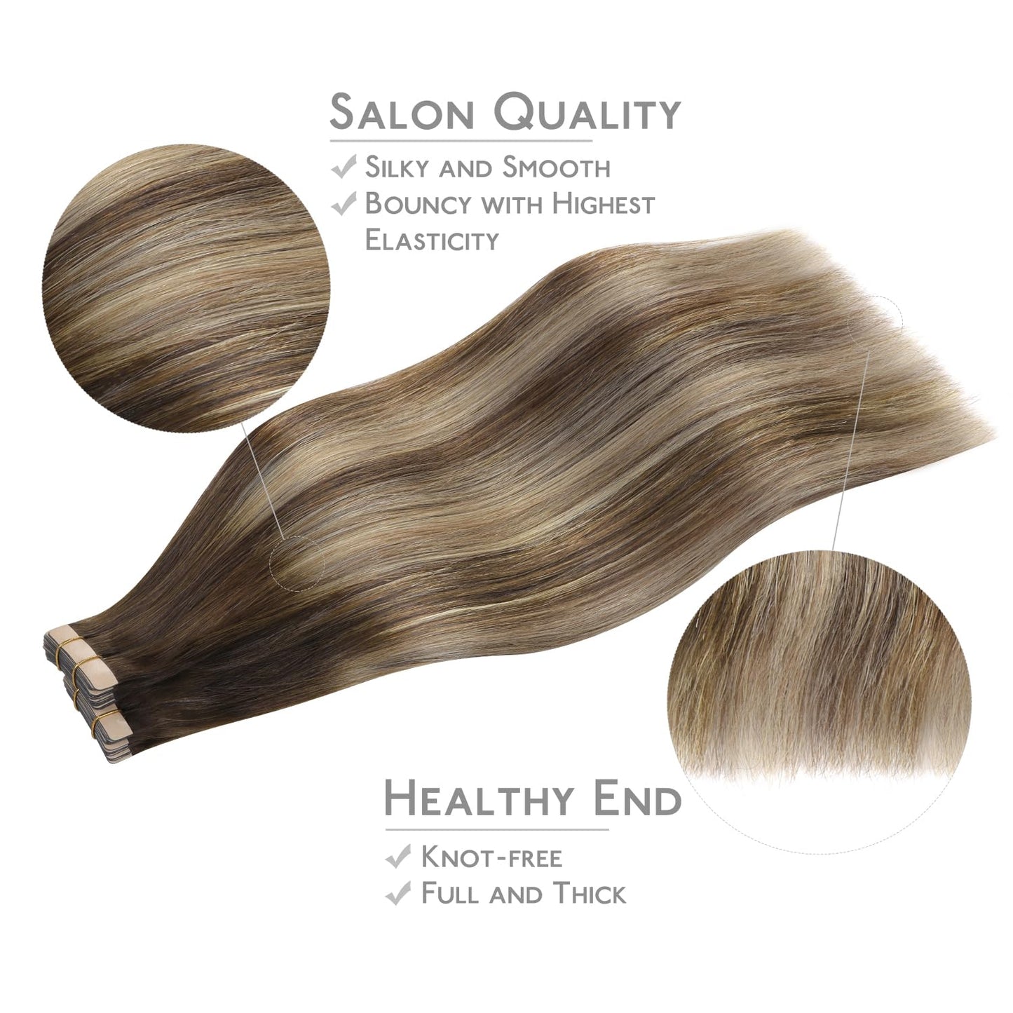WENNALIFE Tape-in Hair Extensions, 40pcs 100g 14 inch Balayage Chocolate Brown to Honey Blonde, Reusable Real Human Hair Straigh