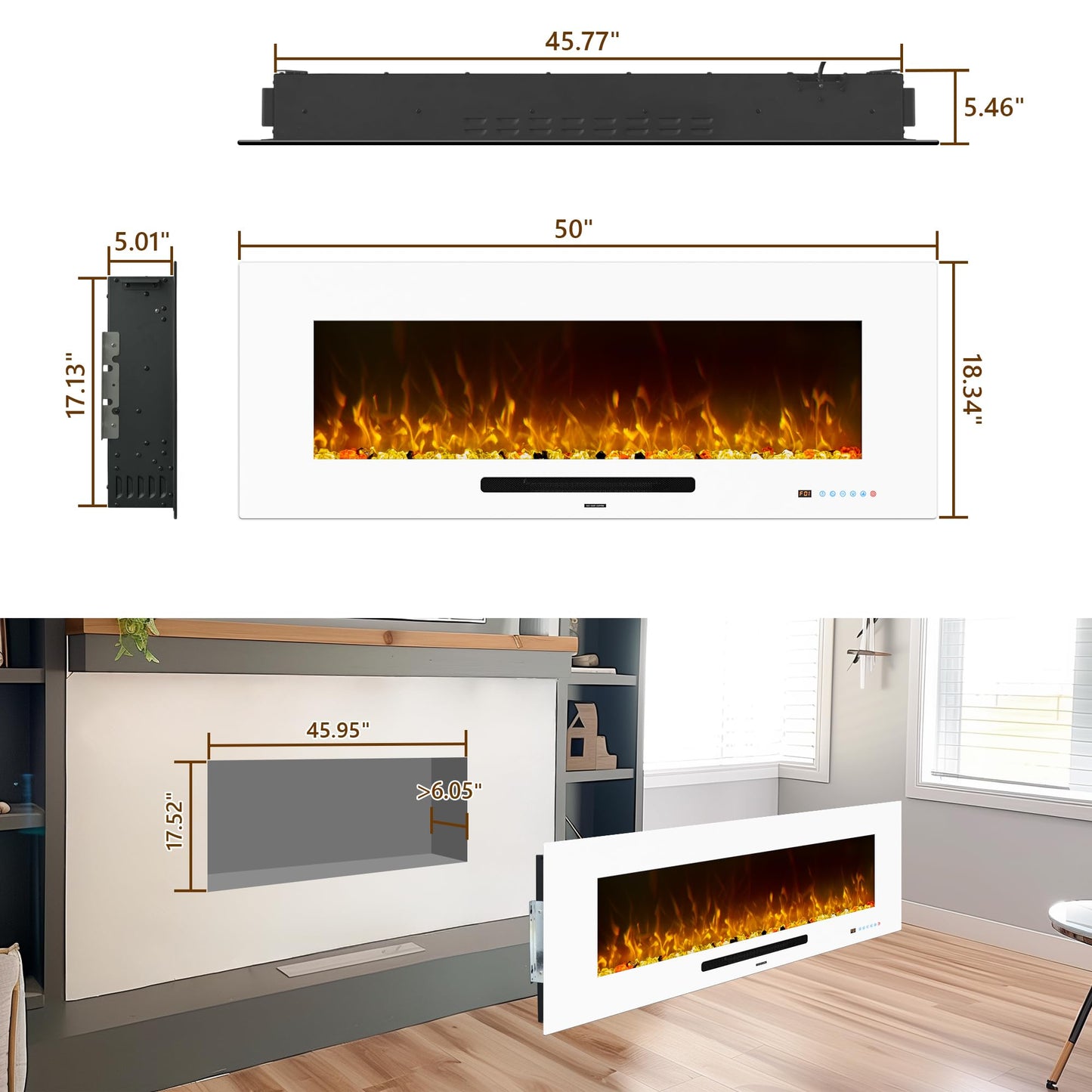 Oxhark Flame 50 inch Electric Fireplace, Recessed & Wall Mounted Fireplace Heater with Remote Control and 750/1500W Thermostat, Multicolor Flame Combinations, Logs & Crystal, White