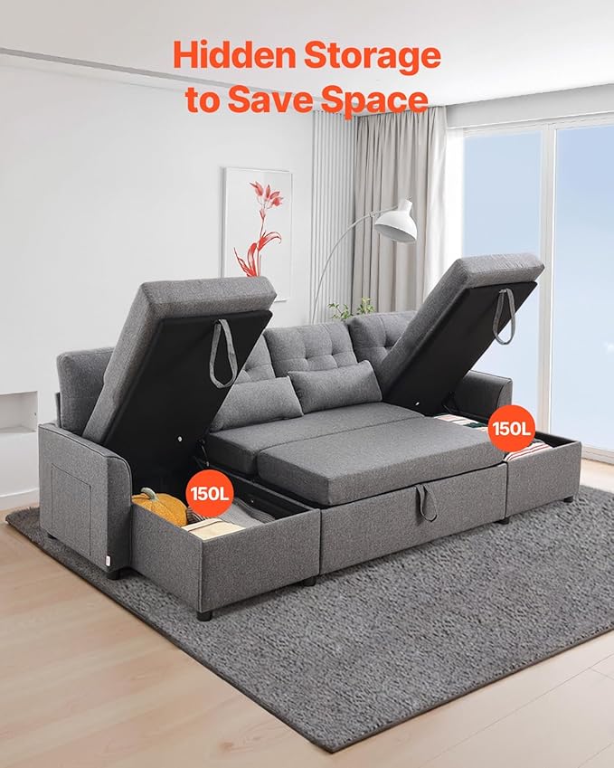 VEVOR U Shaped Sofa Bed, Convertible Sofa Bed with 2 Side Pockets, 2 Pillows and Double Chaise, 6-Seat Pull Out Sleeper Couch with Large Storage Capacity for Living Room, Apartment, Metal Frame, Gray