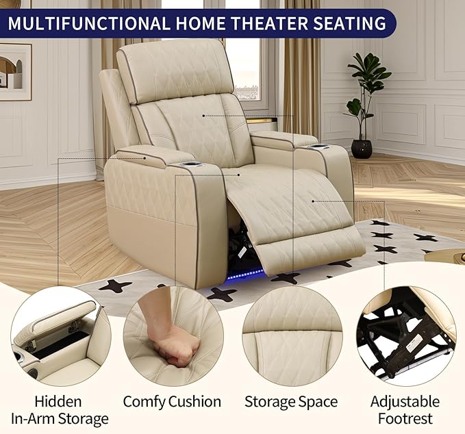 Caberryne Power Recliner Chair with LED Lights,Leather Reclining Couch with Storage Console/Arm Cup Holder for House/Home Theater/Small Space/Rv(Single Chair,Paddy)