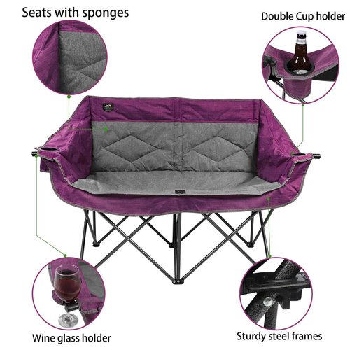 LANMOUNTAIN Folding Loveseat Camping Chair,Portable Double Chair w/Cup Holder,Wine Glass Holder,Carry Bag Heavy Duty Lawn Chair for 2 Adults,Perfect for Camp,Hiking,Picnics and Beach Trips,Purple