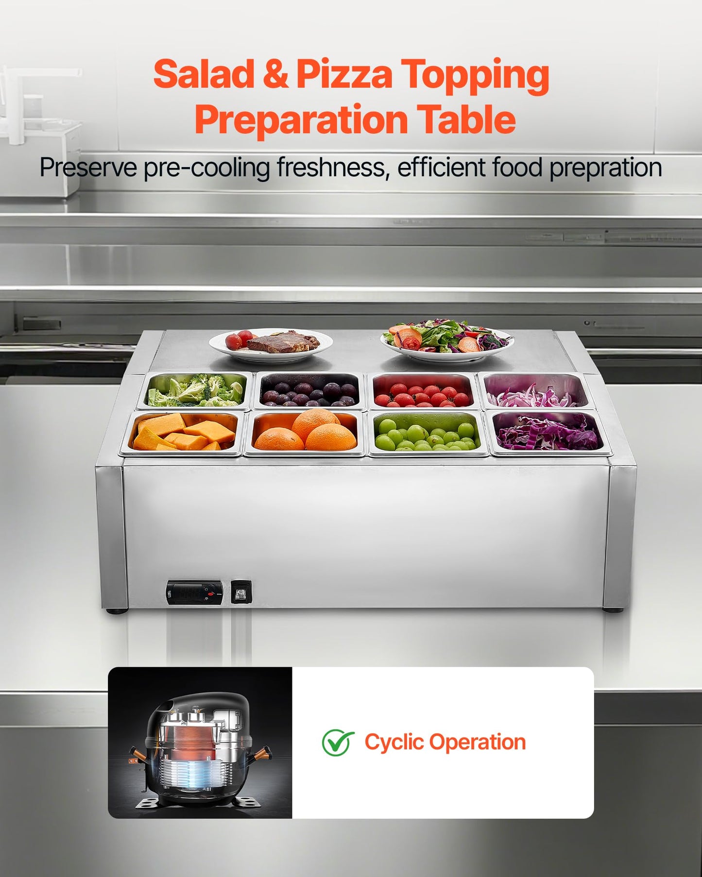 VEVOR Refrigerated Condiment Prep Station, 150 W Countertop Refrigerated Condiment Station, with Eight 1/6 Pans, 304 Stainless Body and PC Lid, Sandwich Prep Table, for Restaurant & Food Stall