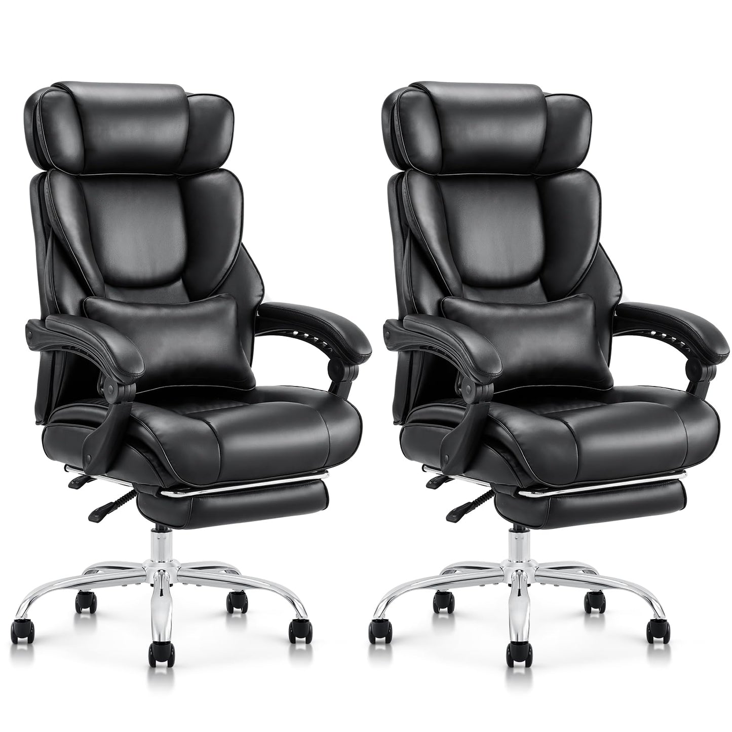 COLAMY Office Chair with Retractable Footrest, Ergonomic High Back Design Executive Computer Desk Chair with Removable Lumbar Pillow, 90-135°Reclining,Thick Bonded Leather for Home Office,2pcs-Black
