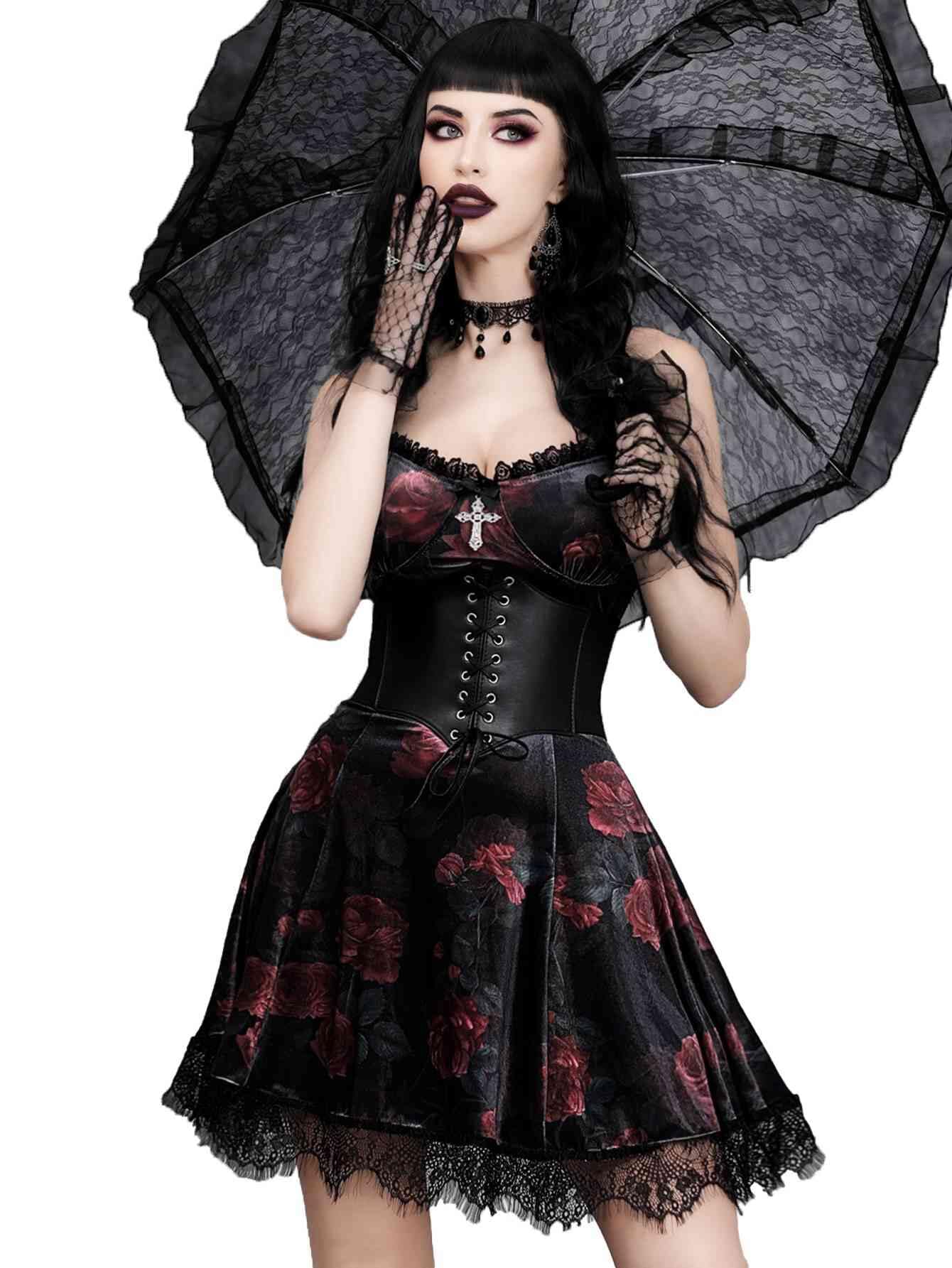 GothDark Vintage Goth Velvet Dress with V Neck Lace Trim Summer Sexy Party Mini Black Dress
