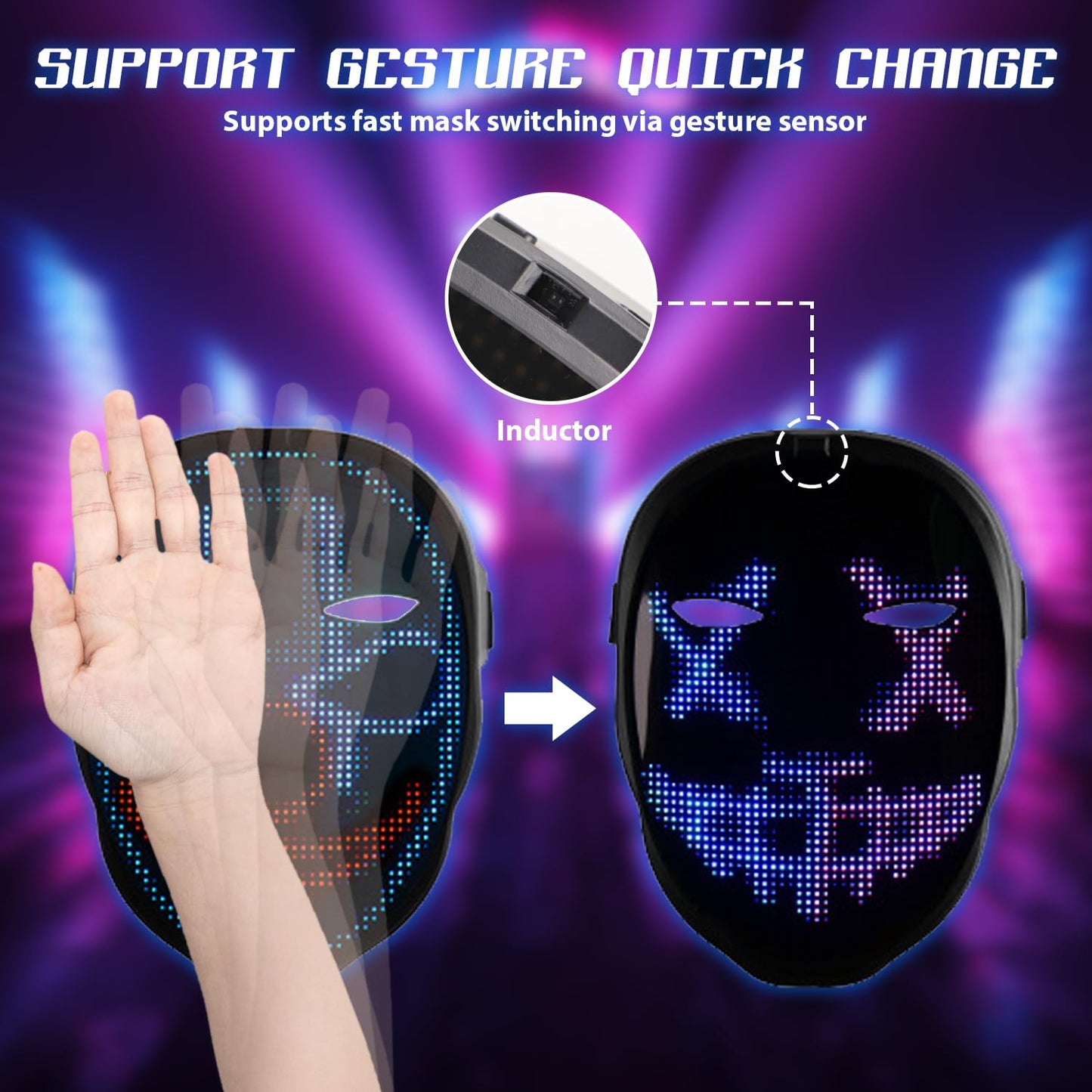 Vanleonet Led Mask with Gesture Sensing,Bluetooth Programmable App Controlled, Customizable Shining Mask, unisex-adult,Halloween Mask, Costume Cosplay Party