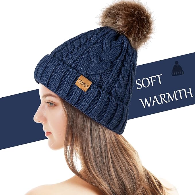 REDESS Women Winter Pompom Beanie Hat with Warm Fleece Lined, Thick Slouchy Snow Knit Skull Ski Cap