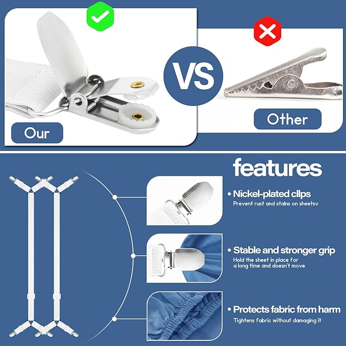 CHRORINE Bed Sheet Holder Straps Adjustable Sheet Fasteners Clips Keep Bedding Stays in Place, 4 Pcs/Set, White