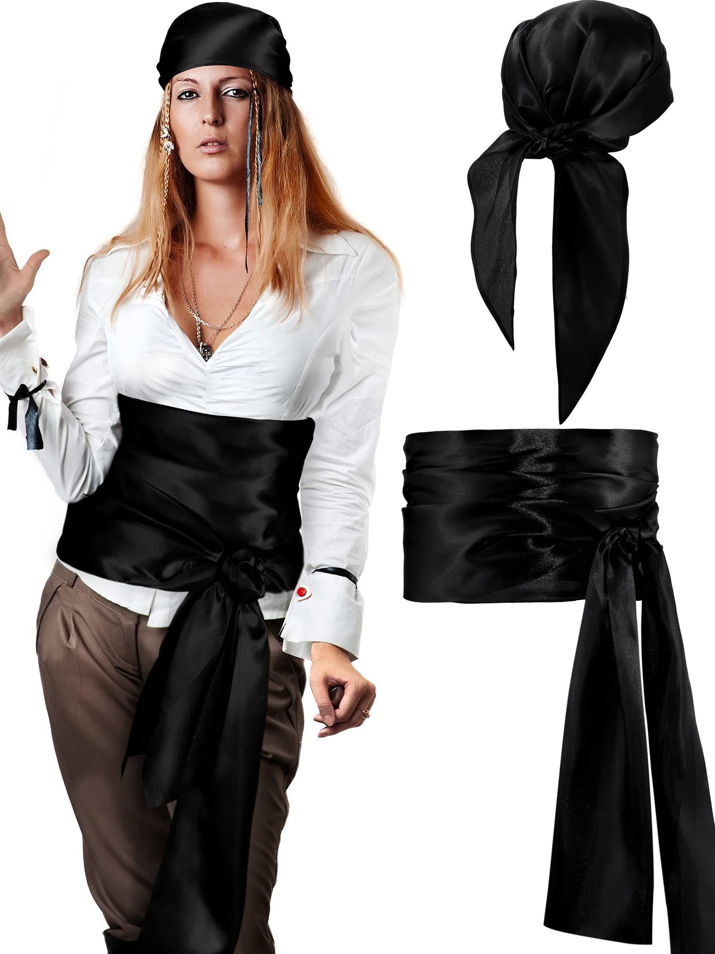 SATINIOR 2 Pieces Pirate Costume Men Women Satin Head Scarf Hat Pirate Costume Accessories for Party (Dark Black)