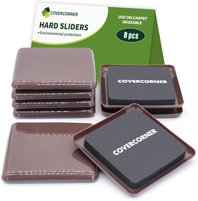 COVERCORNER Furniture Sliders for Carpet 8 PCS - 3 1/2 inch Furniture Moving Slider Chair Legs Floors Protectors Square Furniture Movers Sliders – Move Your Furniture Easy & Safely(for Carpet)-Brown
