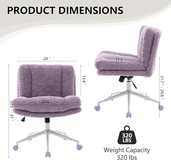 Cross Legged Office Chair with Wheels, Comfy Armless Office Chair with Extra-Deep Seat & 2-Layer Cushions, Adjustable Height, Tilt-Back Swivel Faux Fur Vanity Chair for Home Office, Violet