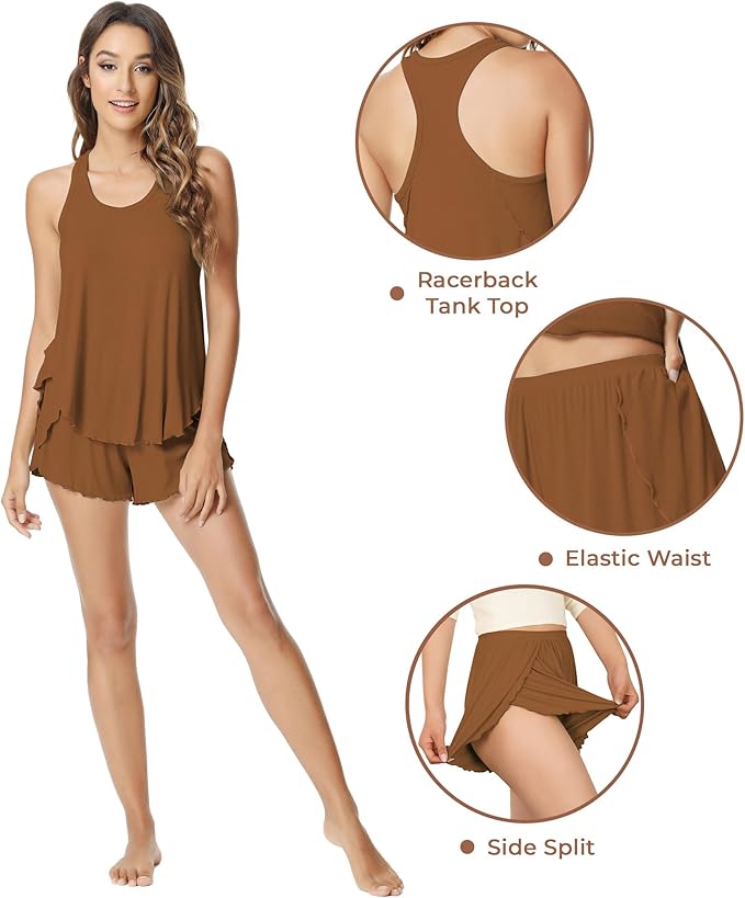 NACHILA Pajamas for Women-Viscose from Bamboo, Ribbed Racerback Tank Top Sexy Split Shorts Pajama Sets Cooling Sleep Cami Pjs