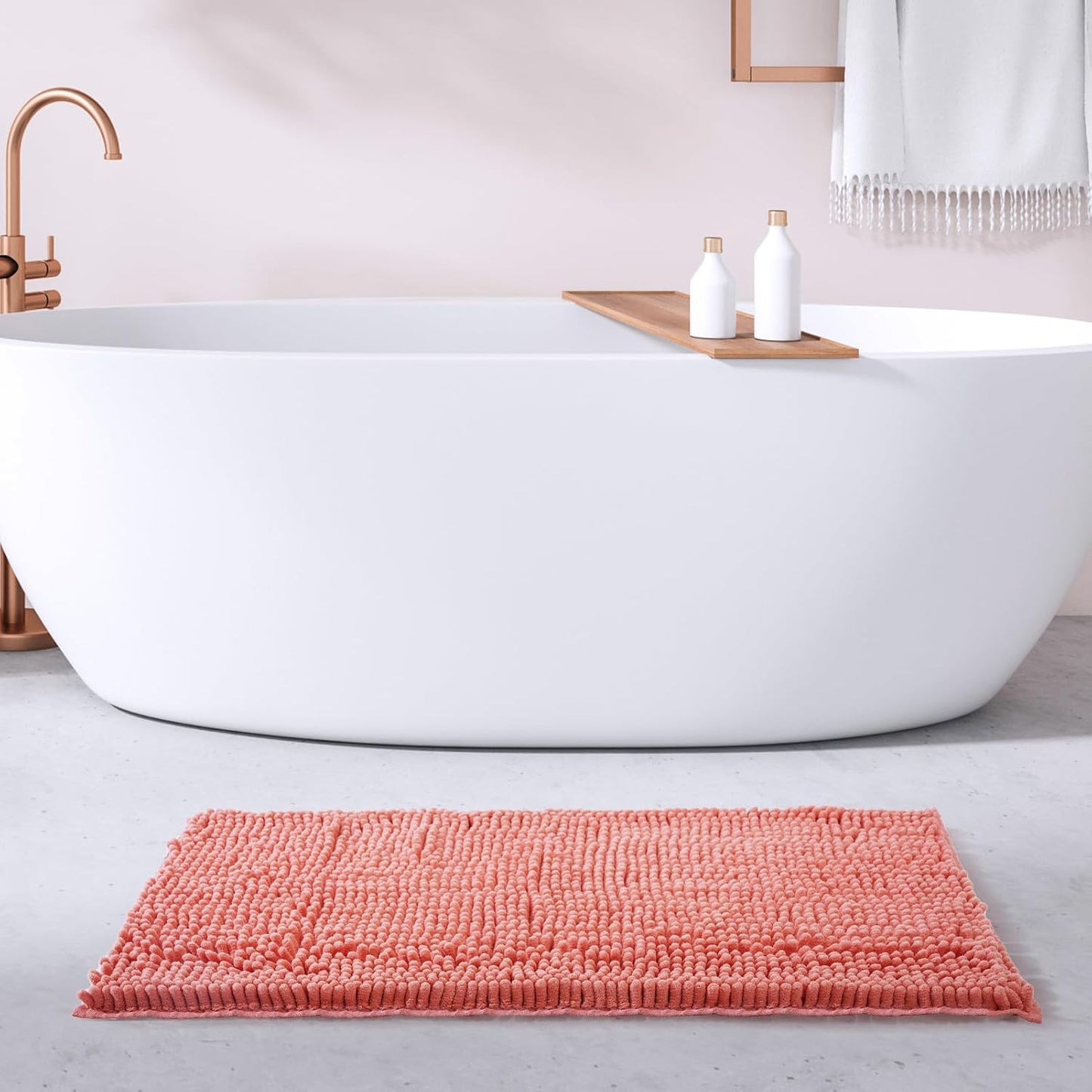 FRESHMINT Large Chenille Bathroom Rugs Mat 36”x24”, Non-Slip Bath Mat for Bathroom Floor & Bathtub, Washable Shower Shag Bath Rugs, Soft Fluffy Thick Water Absorbent Microfiber Shower Mat, Coral