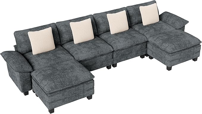 MIXPATIO 157-Inch U Shaped Sectional Sofa with Cloud Cushions, Deep Seat Modular Couch Set w/ 6 Seats & 2 Ottomans, Removable Arms, Plush Chenille Upholstery for Living Room, Apartment - Cyan