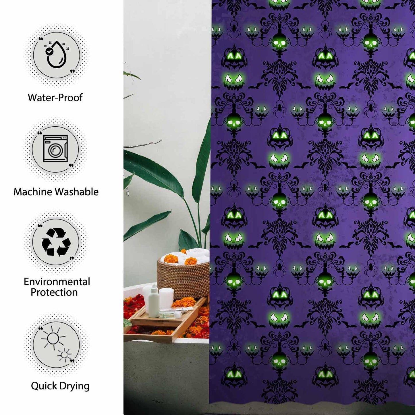 Allenjoy 72" x 72" Halloween Purple Haunted House Shower Curtain for Bathroom Set Spooky Skull Wall Pumpkin Eyes Home Bath Bathtub Decoration Durable Fabric Machine Washable