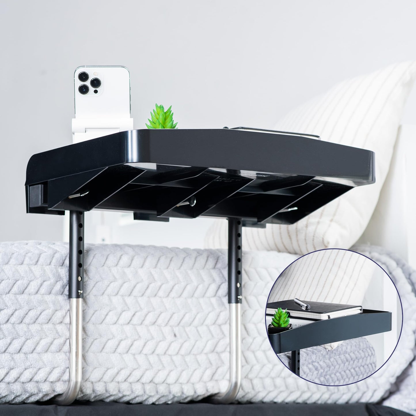 Height Adjustable Under Mattress 17 inch Bedside Shelf, Works with Lofts and Beds Without Frames, Heavy Duty Storage Tray, Fits Laptops, Books, and Drinks, Nightstand Alternative, Black