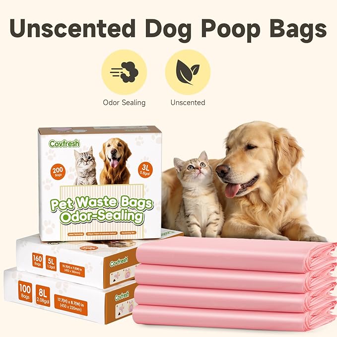 Odor-Sealing Dog Poop Bags with Handles 160 Count Pet Waste Bags, Large Capacity & Unscented Poop Bags for Dogs or Cat Litter, Conceals Smell & Mess (White)