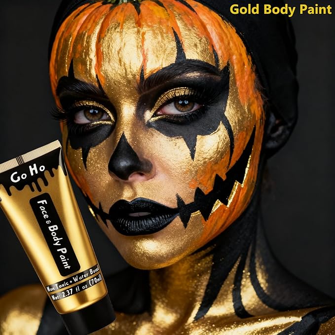 Go Ho Metallic Gold Face Body Paint Washable(2.37oz/pc),Water Based Cream Gold Face Paint,Body Paint for SFX Cosplay Costumes Festivals Halloween Makeup