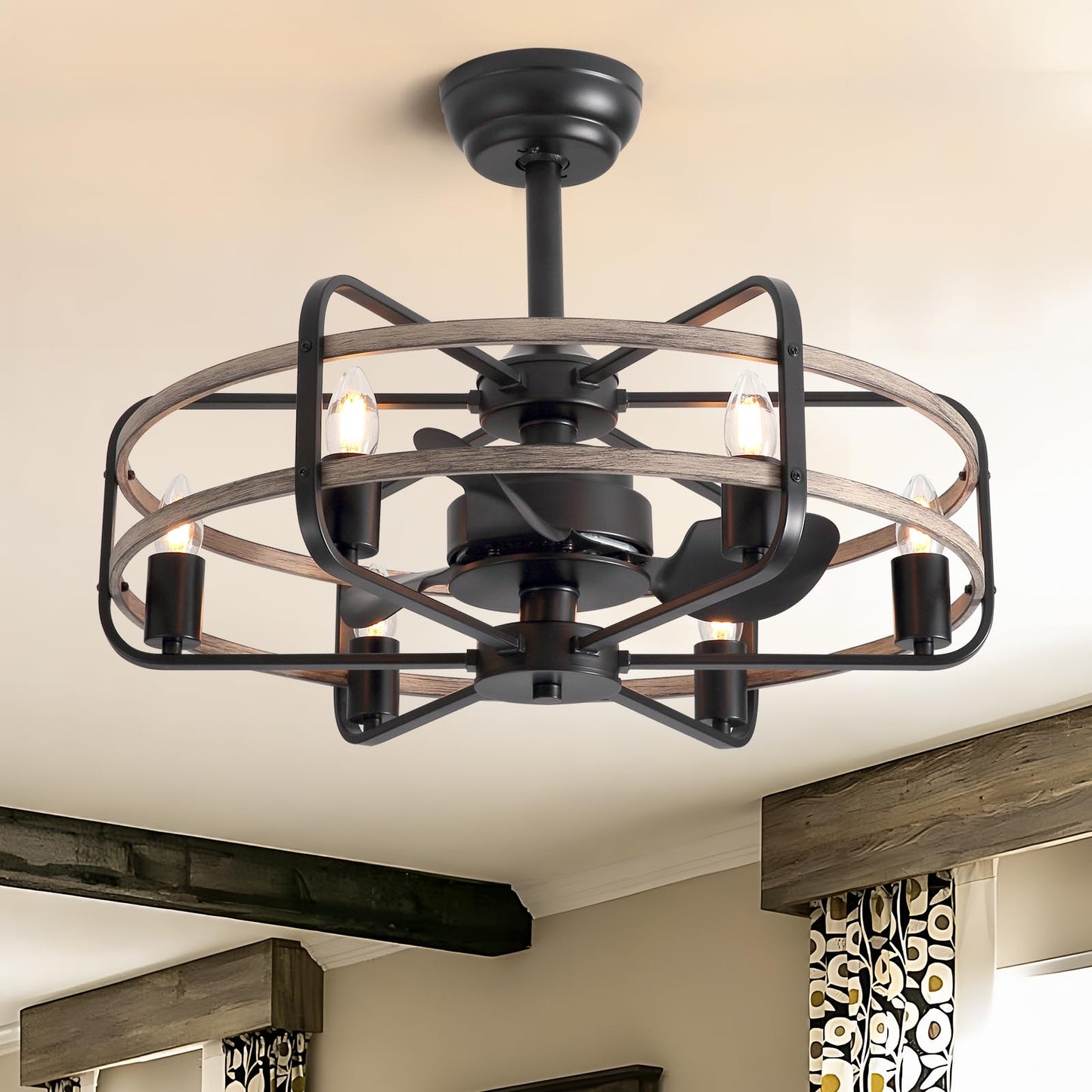 Industrial Caged Ceiling Fan With Lights, 25 Farmhouse Fandelier With Remote Control, 6-Speed Quiet Reversible Motor, E26 Base,