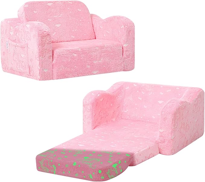 MeMoreCool Glow‑in‑The‑Dark Unicorn Toddler Chair – Soft Plush Fold‑Out Recliner | Kids Lounge Chair for Boys & Girls Aged 1‑3, Convertible 2‑in‑1 Seating & Napping Spot, Easy‑Fold Safe Construction