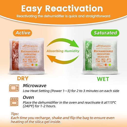 Adsorbco Rechargeable Desiccant, Indicating Silica Gel Packets, Moisture Absorbers for Storage, Gun Safe Dehumidifiers (10, 500g)
