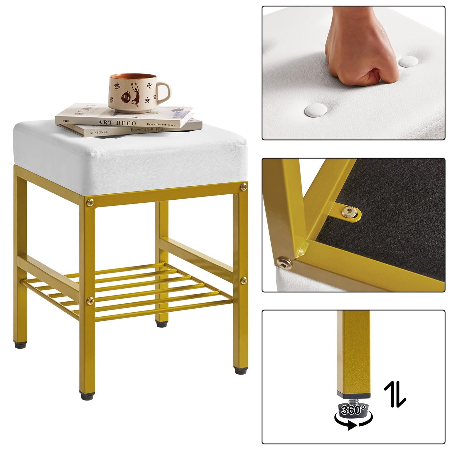 IBUYKE Square Makeup Stool with Adjustable Feet and Storage Space, Footrest Chair, PU Vanity Seat, Multi-Use as Small Side Table or Ottoman, for Bedroom, White LG-60W